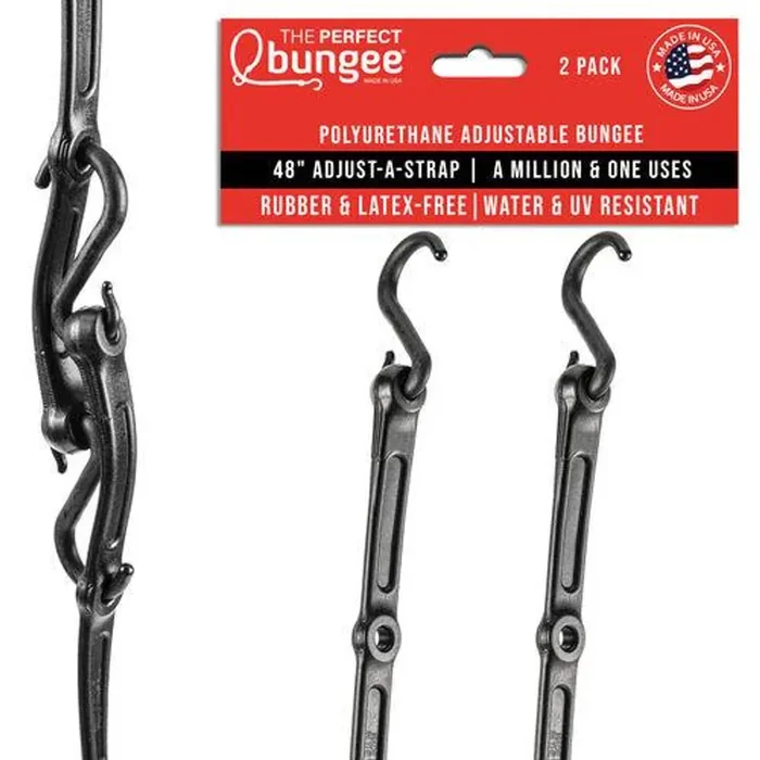 48″ Adjust A Strap, Premium Polyurethane Adjustable Bungee Strap, Removable Nylon Hooks, Black – AS48BK2PK-8H