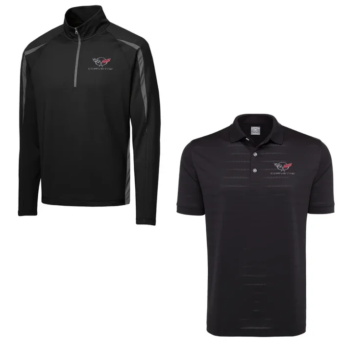 C5 Men’s Corvette Stretch Half Zip Pullover & Callaway Opti-Vent Golf Polo Shirt Bundle – Black