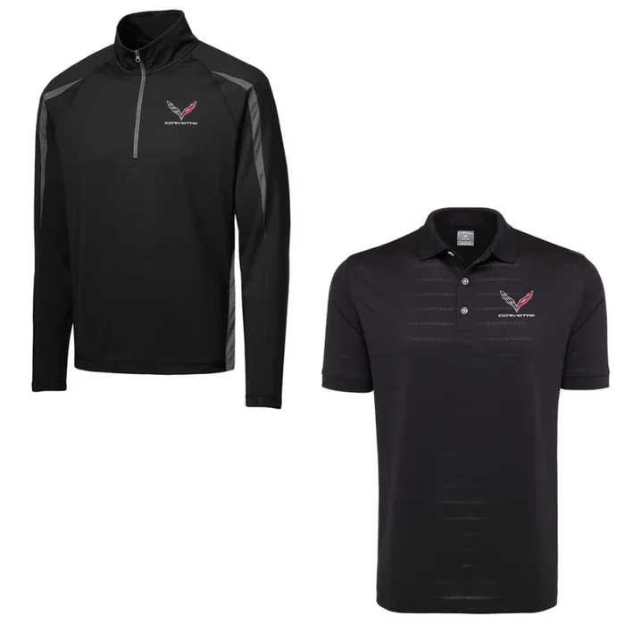 C7 Men’s Corvette Stretch Half Zip Pullover & Callaway Opti-Vent Golf Polo Shirt Bundle – Black