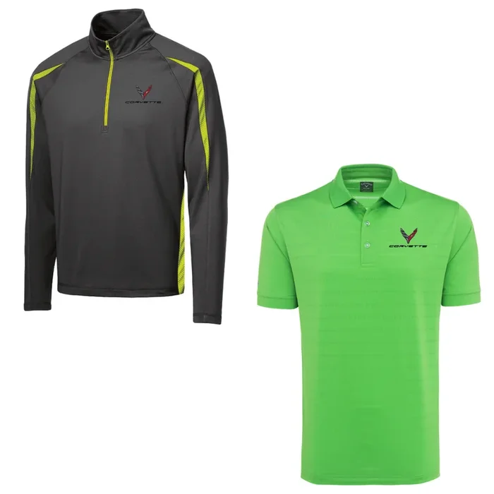 C8 Men’s Corvette Stretch Half Zip Pullover & Callaway Opti-Vent Golf Polo Shirt Bundle – Green