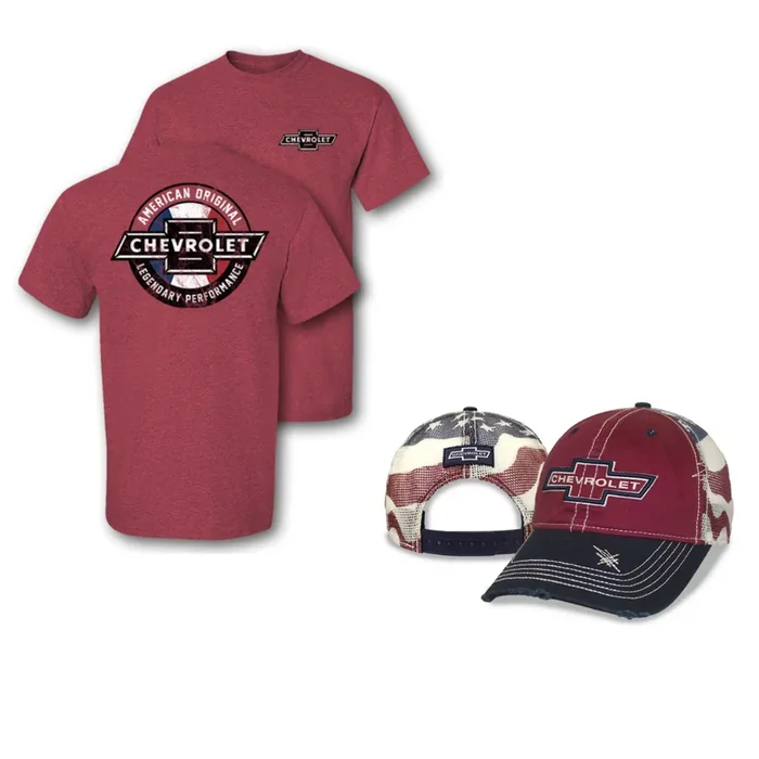 Chevrolet Bowtie Legendary Performance T-Shirt & Heritage American Flag Mesh Back Hat