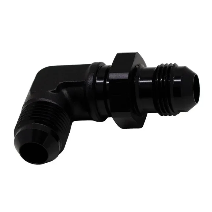 DeatschWerks 8AN Male Flare to 8AN Male Flare Bulkhead Adapter 90-Degree – Anodized Matte Black