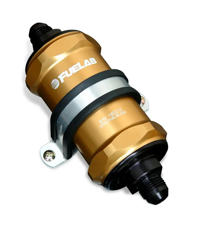 Fuelab 818 In-Line Fuel Filter Standard -12AN In/-6AN Out 10 Micron Fabric – Gold – 81800-5-12-6