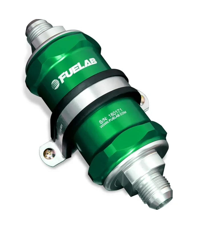 Fuelab 818 In-Line Fuel Filter Standard -8AN In/-12AN Out 10 Micron Fabric – Green – 81800-6-8-12