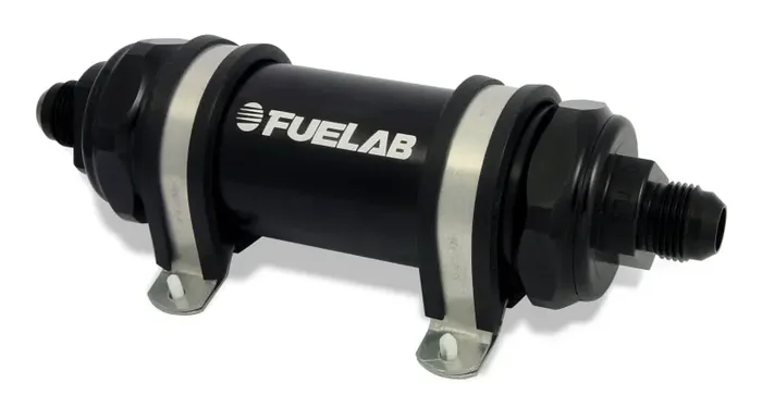 Fuelab 828 In-Line Fuel Filter Long -10AN In/Out 100 Micron Stainless – Black