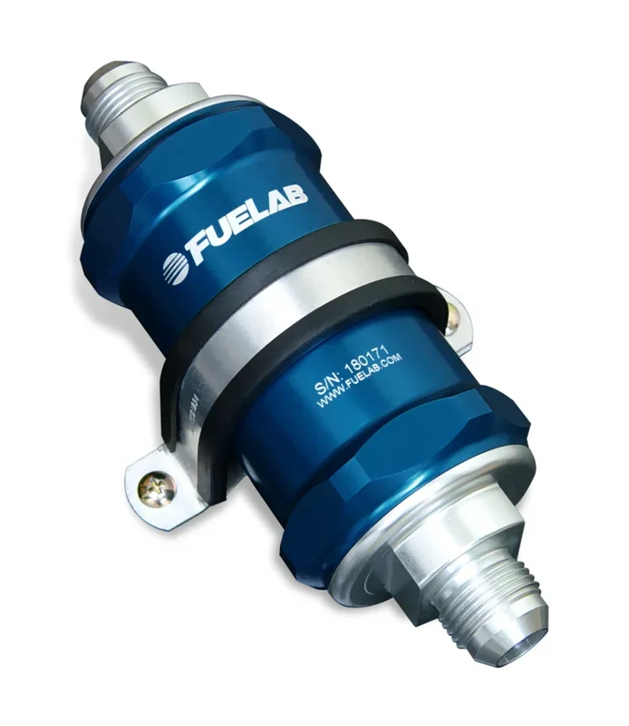 Fuelab 848 In-Line Fuel Filter Standard -12AN In/-8AN Out 40 Micron Stainless w/Check Valve – Blue – 84810-3-12-8