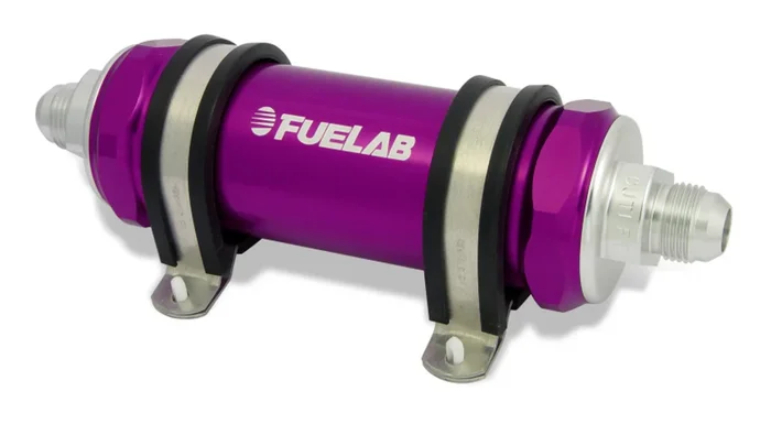 Fuelab 858 In-Line Fuel Filter Long -6AN In/-10AN Out 100 Micron Stainless w/Check Valve – Purple – 85820-4-6-10