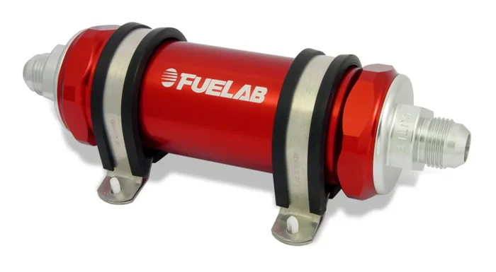 Fuelab 858 In-Line Fuel Filter Long -8AN In/-10AN Out 6 Micron Fiberglass w/Check Valve – Red – 85830-2-8-10