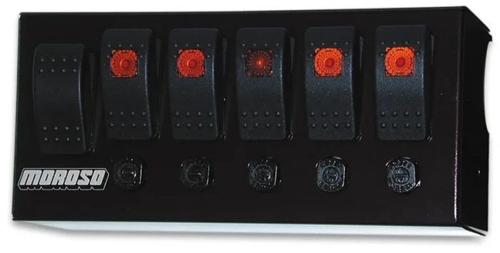 Moroso Rocker Switch Panel – Cage Mount – LED – 3.75in x 8in – Five On/Off Switches – 74190