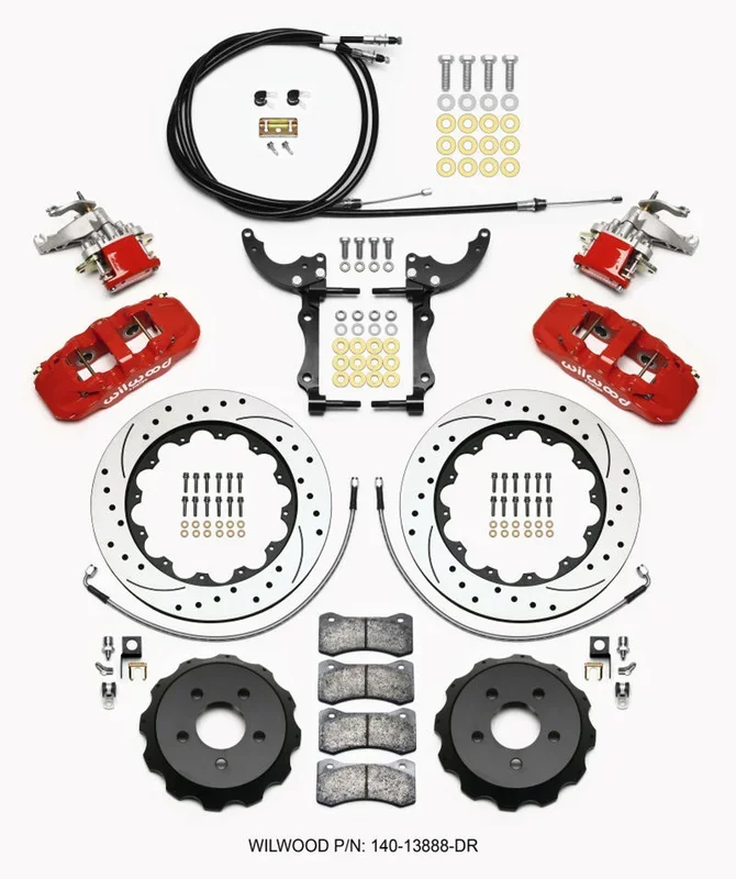 Wilwood AERO4 / MC4 Rear Kit 14.00 Drilled Red 2015-Up Mustang w/Lines & Cables – 140-13888-DR